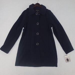 NEW London Fog Women's Medium Snap Navy Blue Raincoat with Detachable Hood Lined